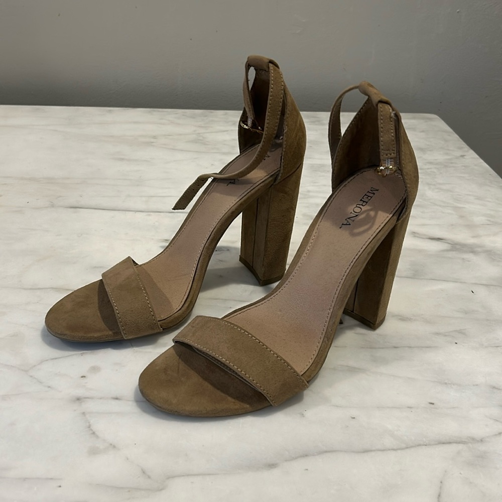 Tan suede ankle strap high heels